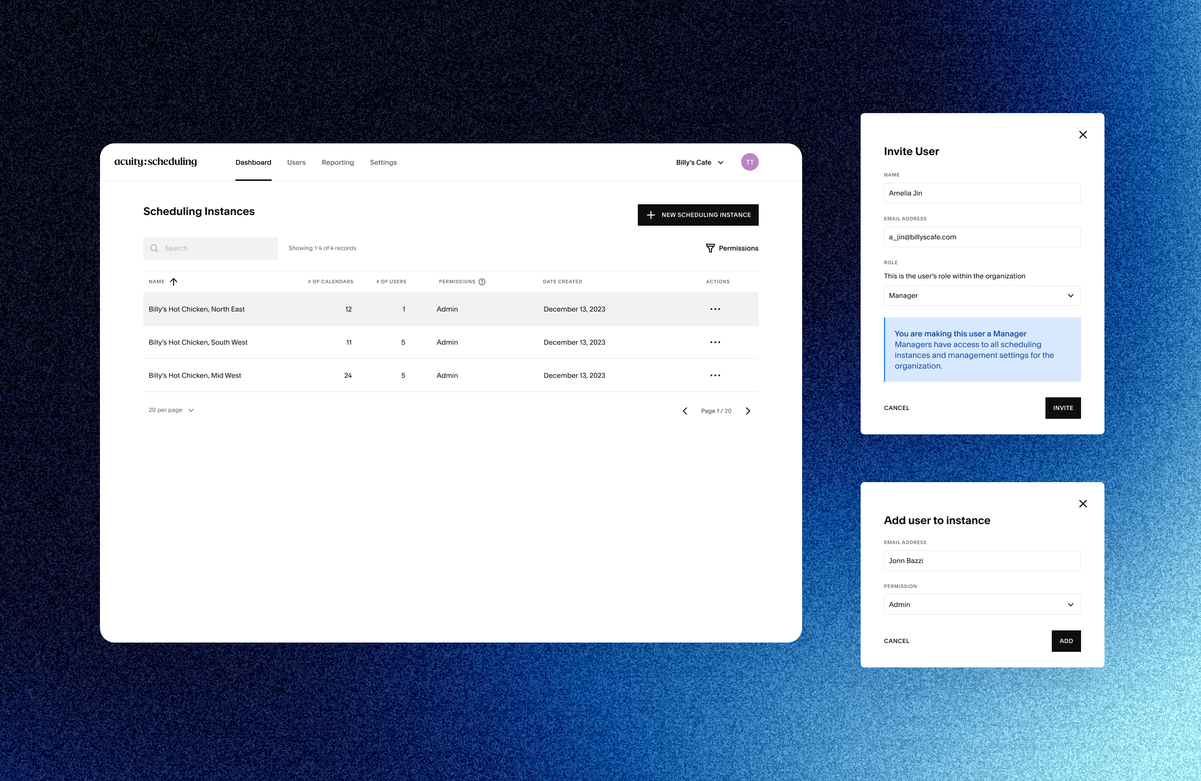 Acuity Enterprise scheduling dashboard with invite and add user modals