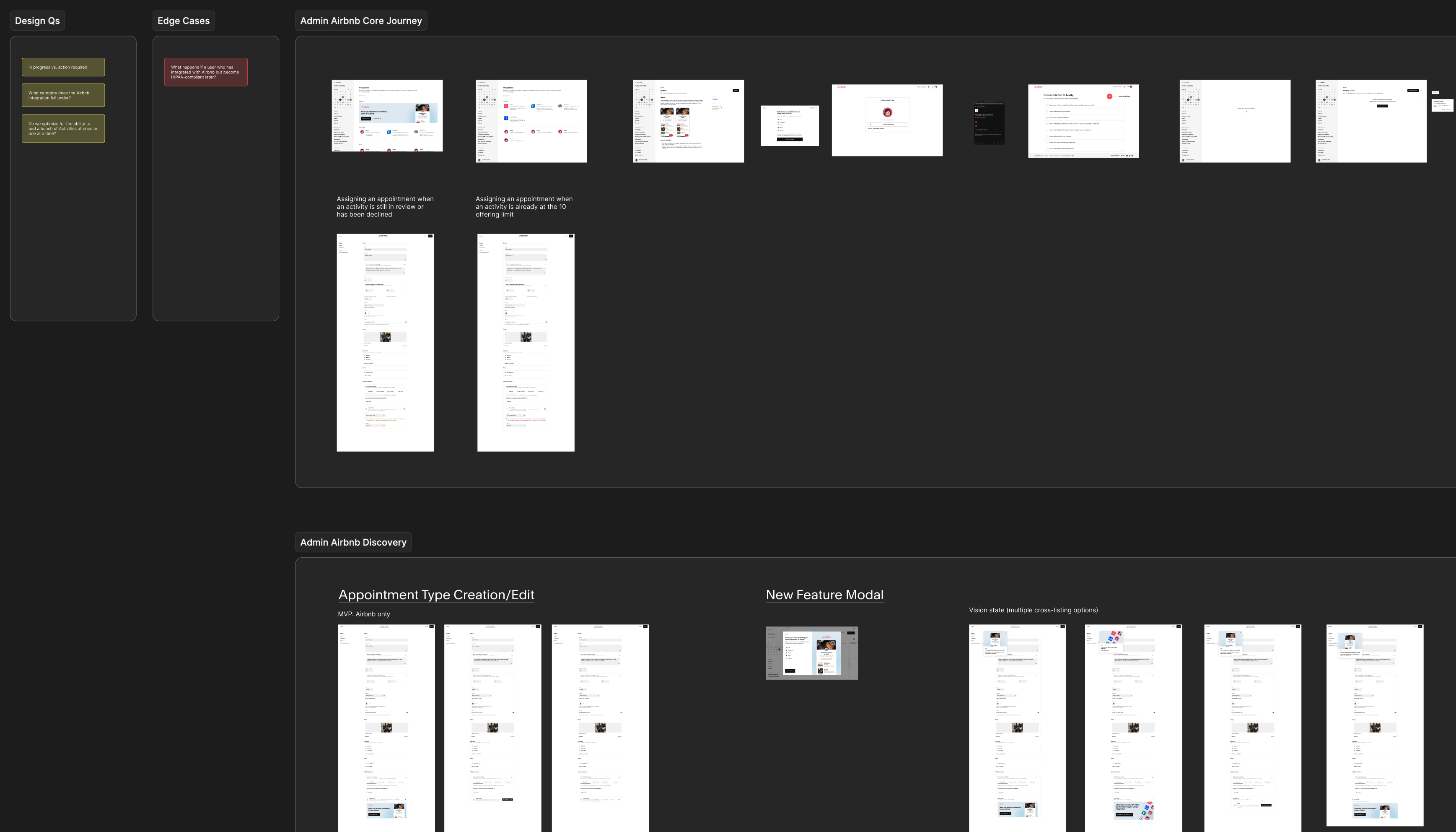 Wireframes: feature discovery modal, connect to Airbnb banner, post-connection empty and populated states, edit appointment type, calendar booking view